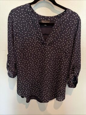 Fortune+Ivy Navy Polka Dot V-Neck Roll Sleeve Blouse